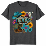 Texas cowgirl shirt in blue design, dark heather grey shirt color