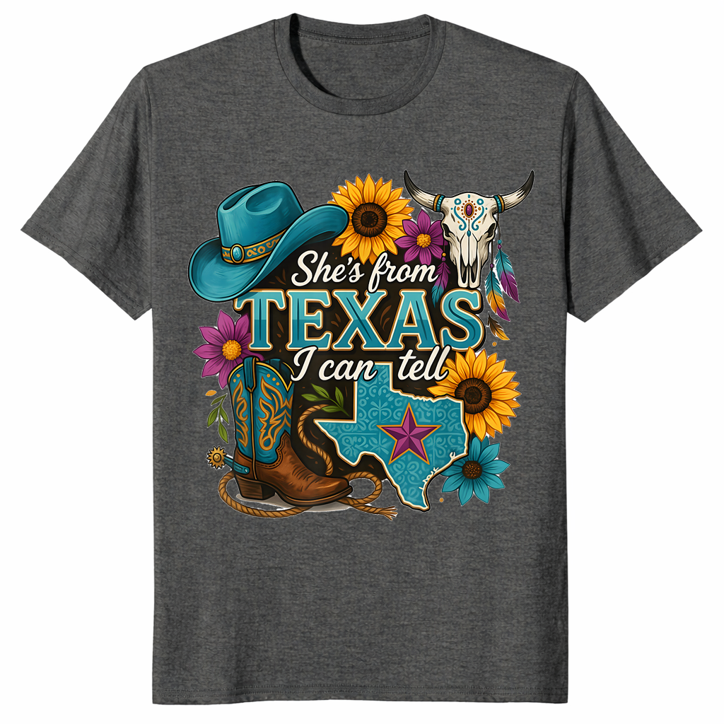 Texas cowgirl shirt in blue design, dark heather shirt color