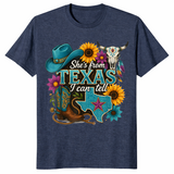 Texas cowgirl shirt in blue design, heather navy shirt color
