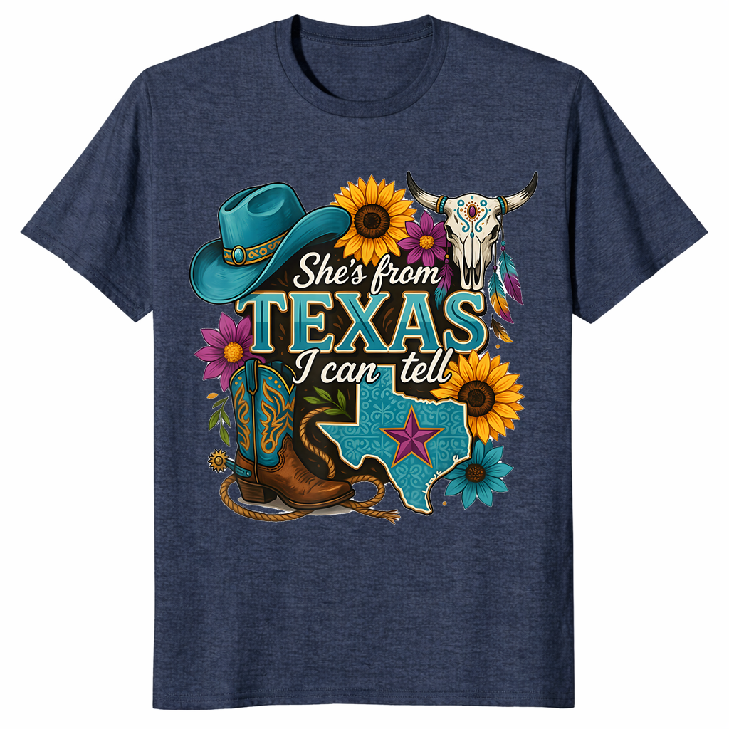 Texas cowgirl shirt in blue design, heather navy shirt color