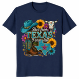 Texas cowgirl shirt in blue design, navy shirt color