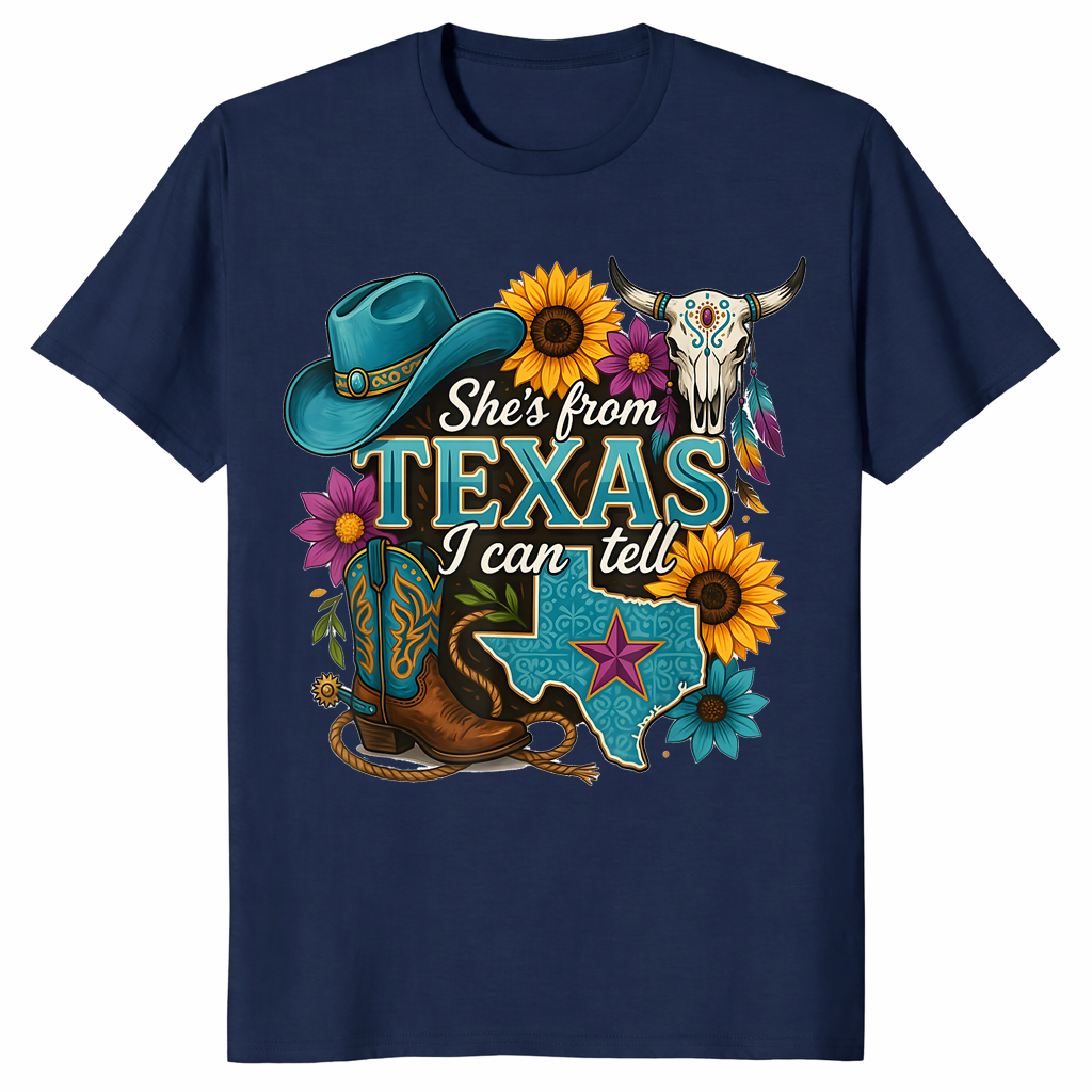 Texas cowgirl shirt in blue design, navy shirt color
