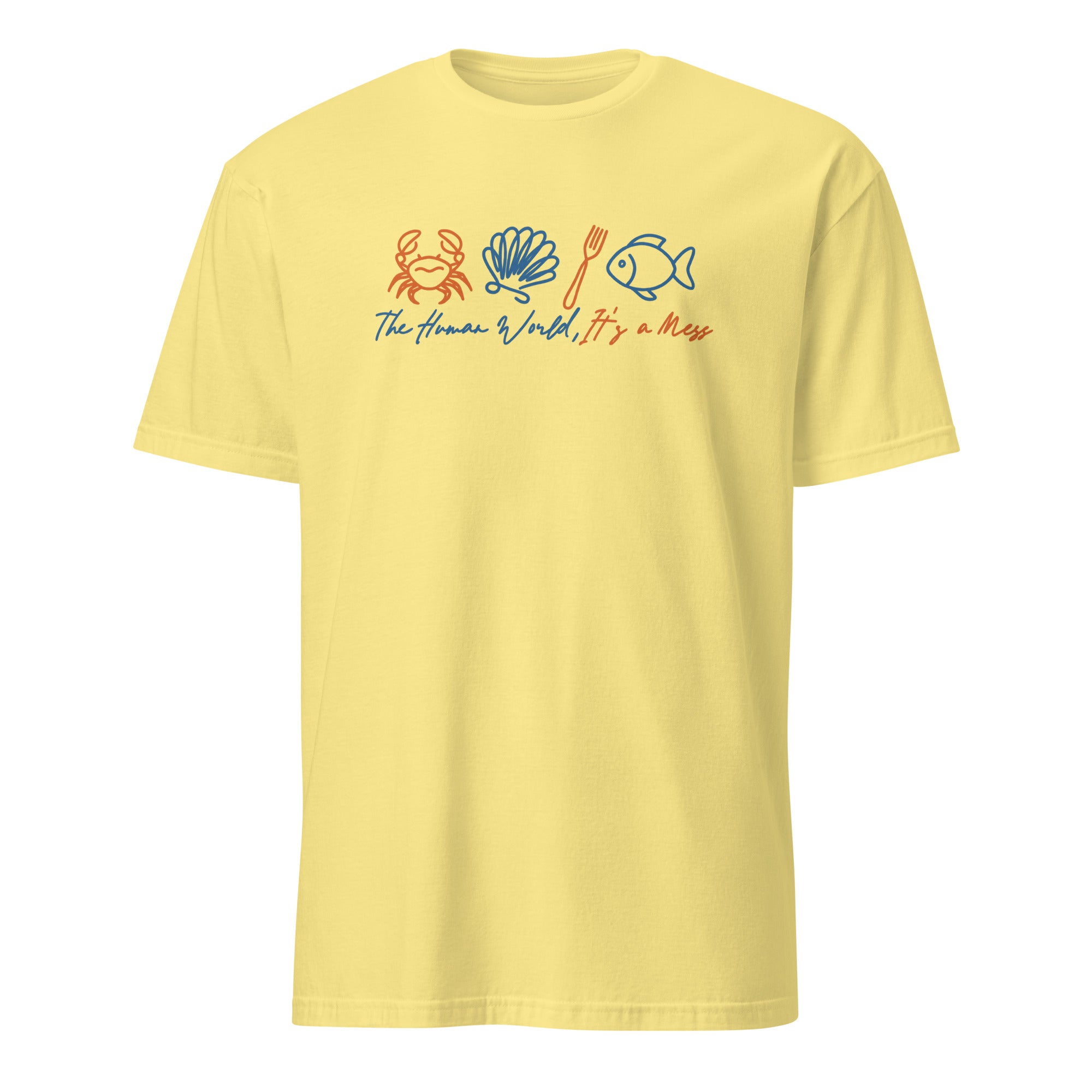 Cornsilk yellow The Human World Is a Mess shirt by Cuccico, Disney humor Sebastian crab tee