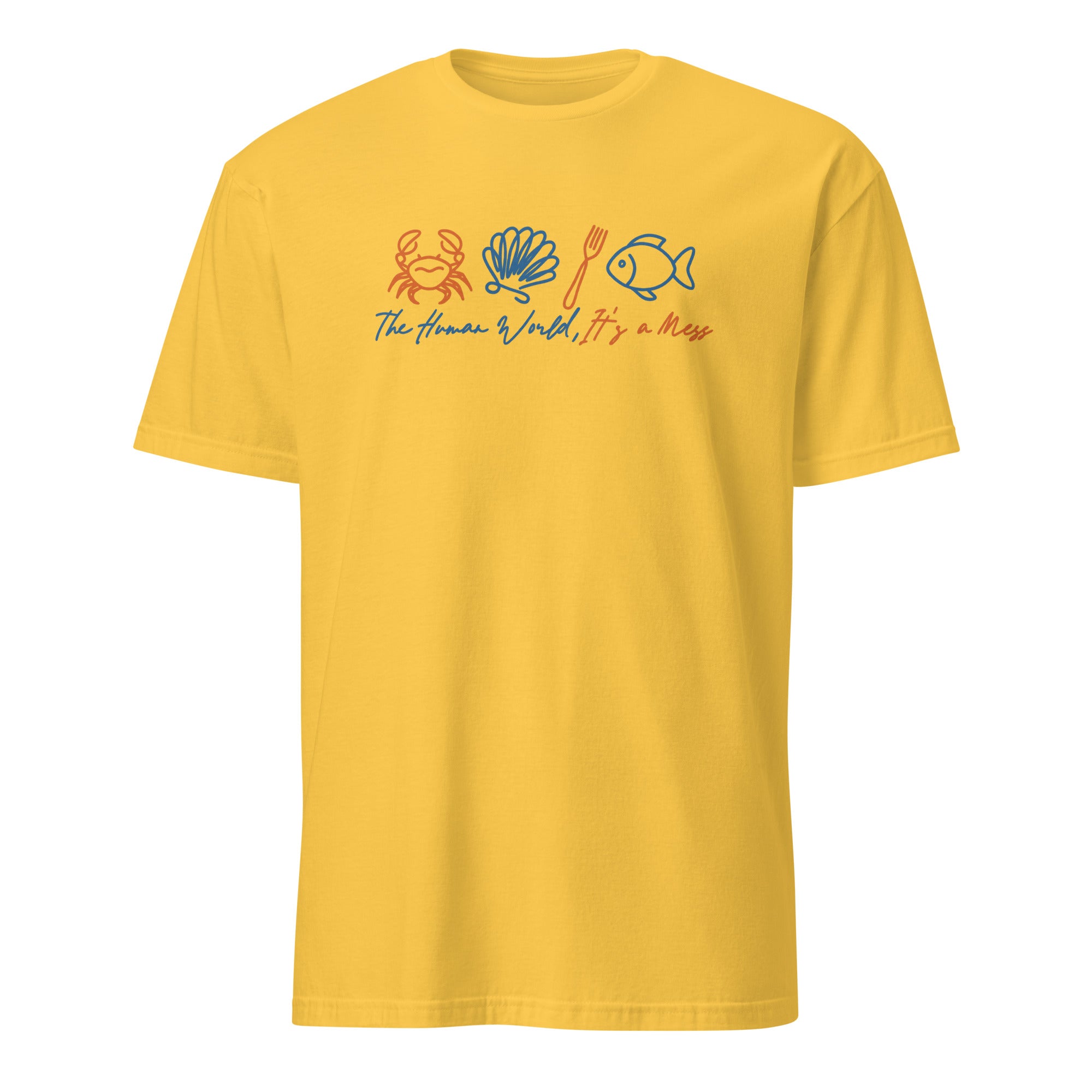 The Human World Is a Mess shirt in Daisy yellow by Cuccico with Funny Sebastian crab quote