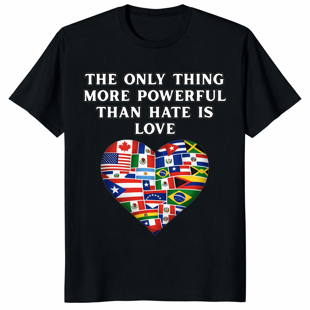 The Only Thing More Powerful Than Hate Is Love T Shirt featuring a heart made of world flags.