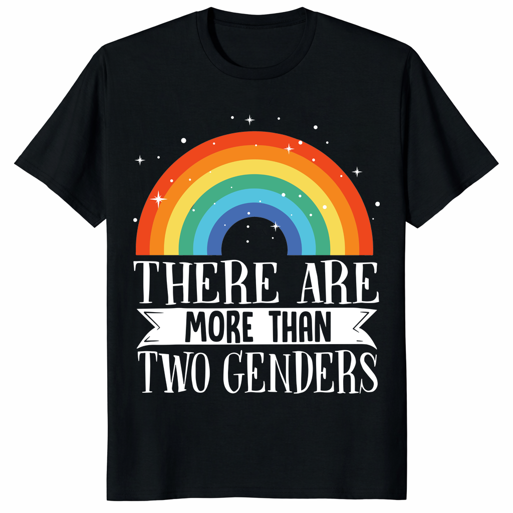 There Are More Than Two Genders shirt in black with rainbow pride graphic