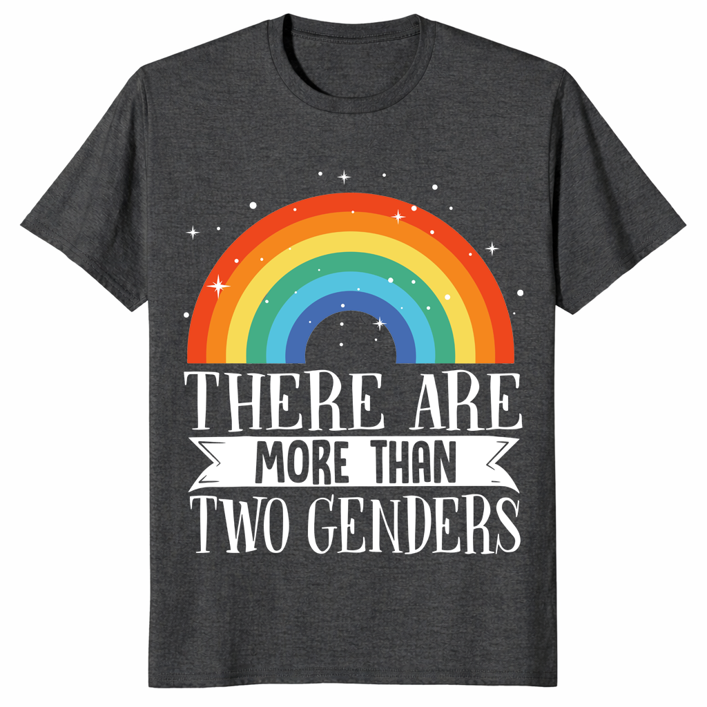 Dark heather grey inclusive pride shirt with rainbow and gender support message