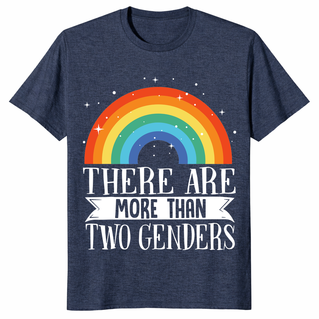 Heather navy LGBTQ pride shirt with There Are More Than Two Genders text