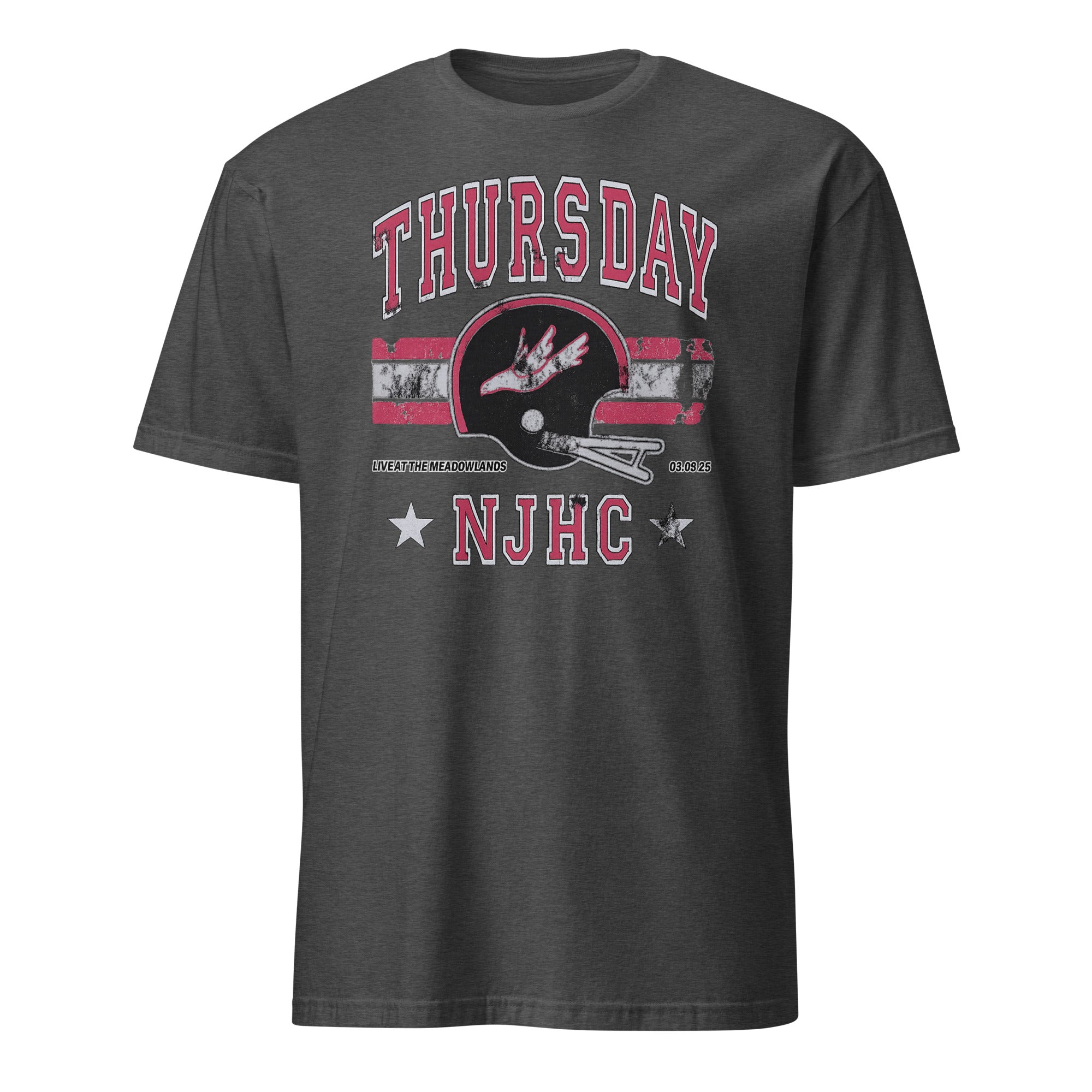 Dark Heather Grey Thursday NJHC Helmet T-Shirt with MetLife Stadium design by Cuccico