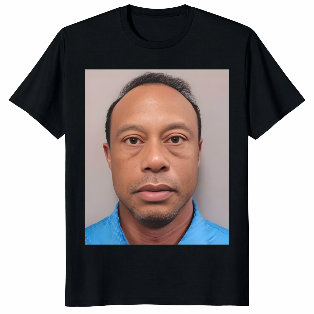 Tiger Woods Inspired Parody Mugshot 2026 Tee Shirt graphic on black t-shirt