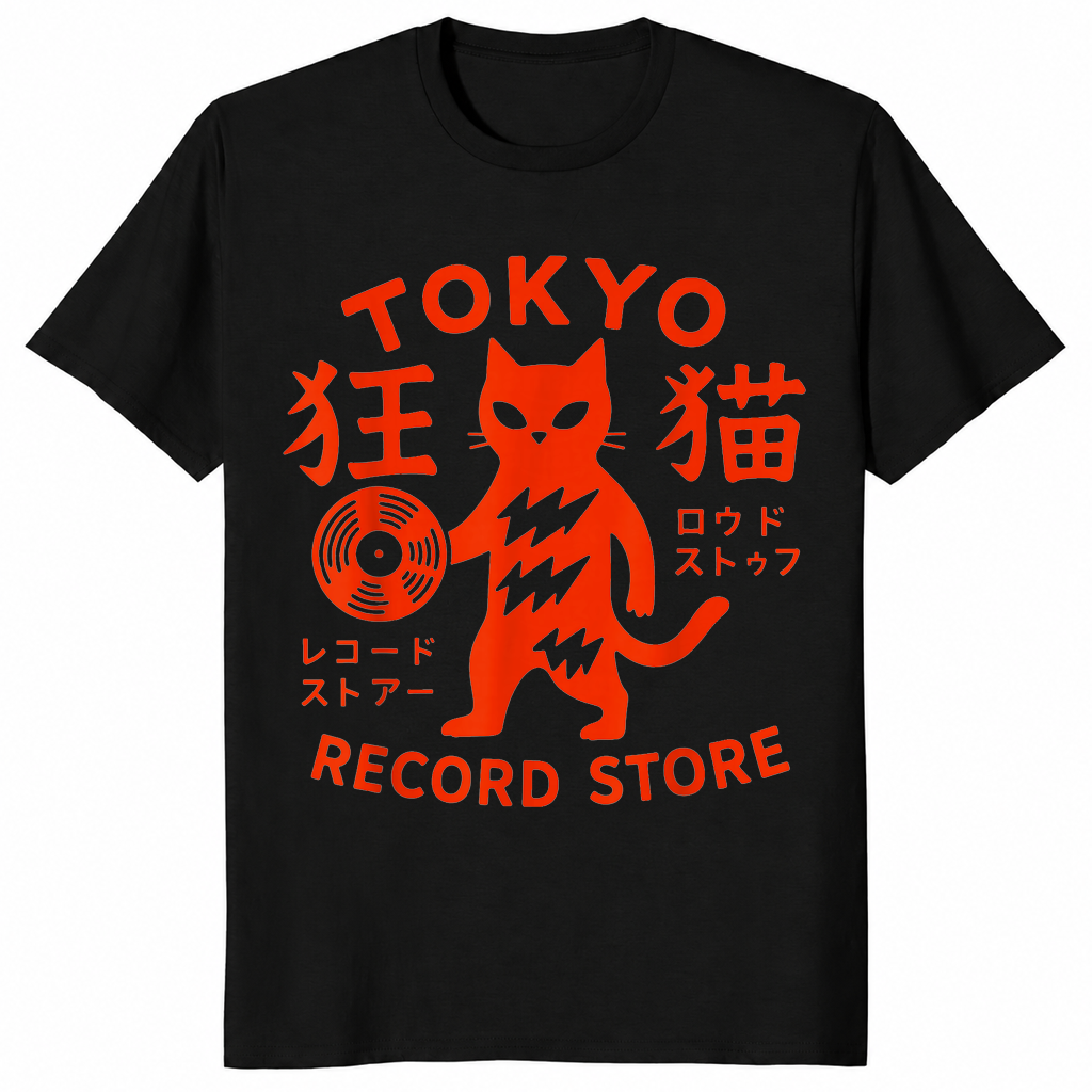 Tokyo Record Store Cat Shirt in black