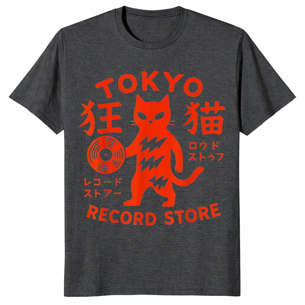 Tokyo Record Store Cat Shirt in dark heather grey