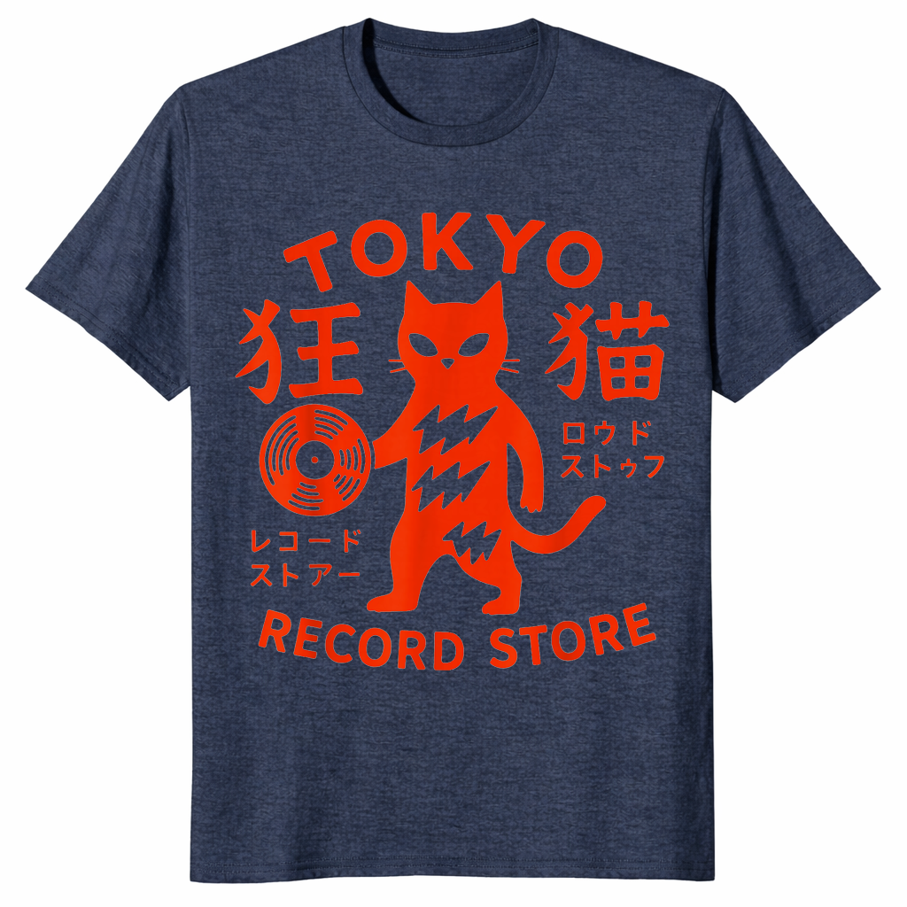 Tokyo Record Store Cat Shirt in heather navy