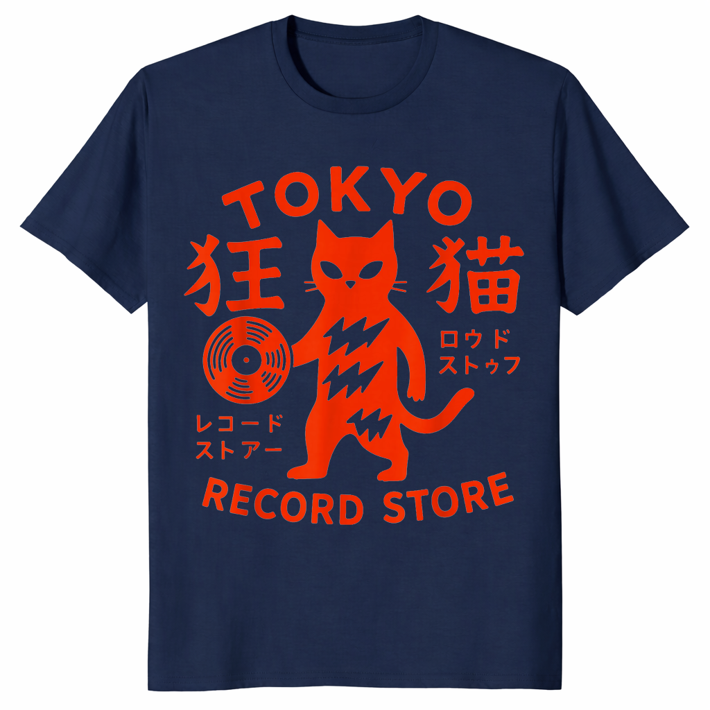 Tokyo Record Store Cat Shirt in navy