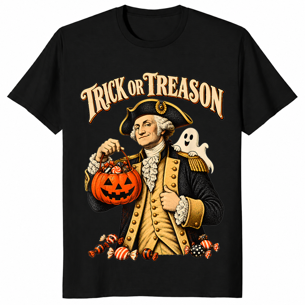 Trick or treason shirt with George Washington holding a Halloween pumpkin, black
