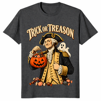Trick or treason shirt with George Washington holding a Halloween pumpkin, dark heather grey