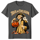Trick or treason shirt with George Washington holding a Halloween pumpkin, dark heather