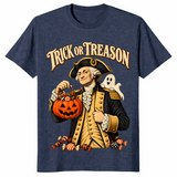 Trick or treason shirt with George Washington holding a Halloween pumpkin, heather navy