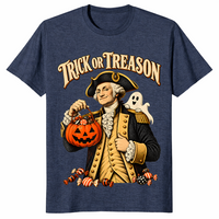Trick or treason shirt with George Washington holding a Halloween pumpkin, heather navy