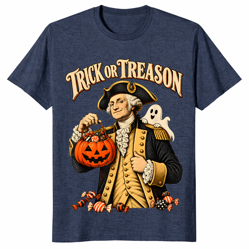 Trick or treason shirt with George Washington holding a Halloween pumpkin, heather navy