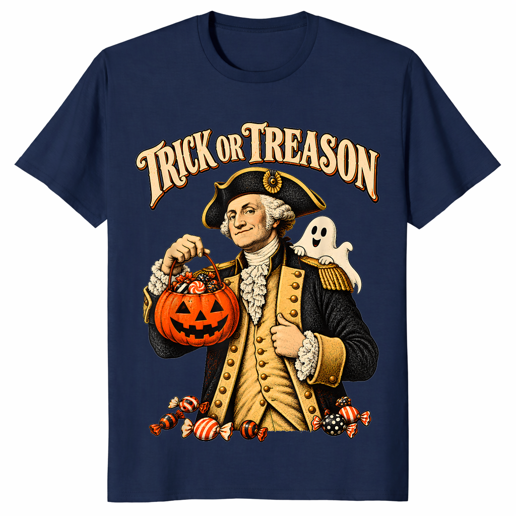 Trick or treason shirt with George Washington holding a Halloween pumpkin, navy