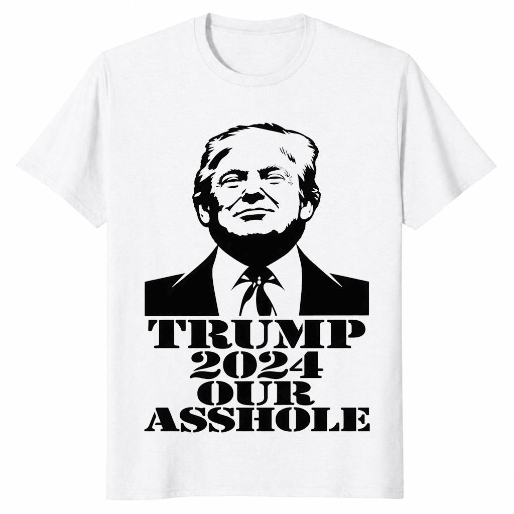 White Trump 2024 satire shirt with black stencil portrait and bold block-letter slogan