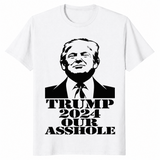 White Trump 2024 satire shirt with black stencil portrait and bold block-letter slogan
