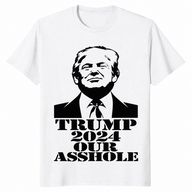 White Trump 2024 satire shirt with black stencil portrait and bold block-letter slogan