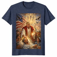 Trump Jesus Christ tee in heather navy with patriotic Christian artwork