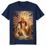 Trump Jesus shirt on navy religious political statement t-shirt
