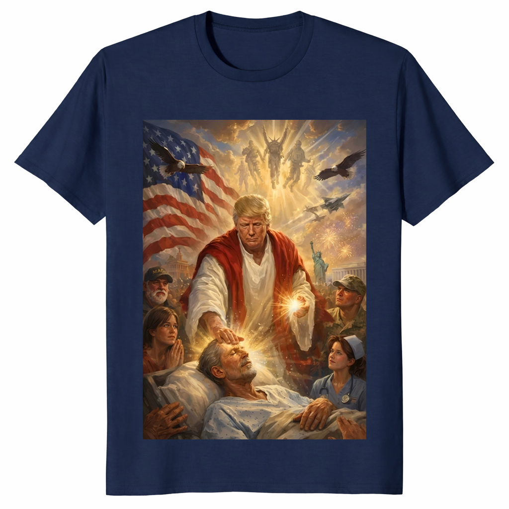 Trump Jesus shirt on navy religious political statement t-shirt