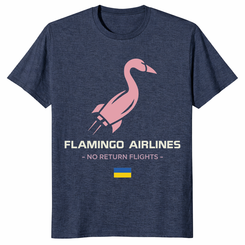 Ukraine support Flamingo Airlines graphic tee with pink flamingo and flag detail