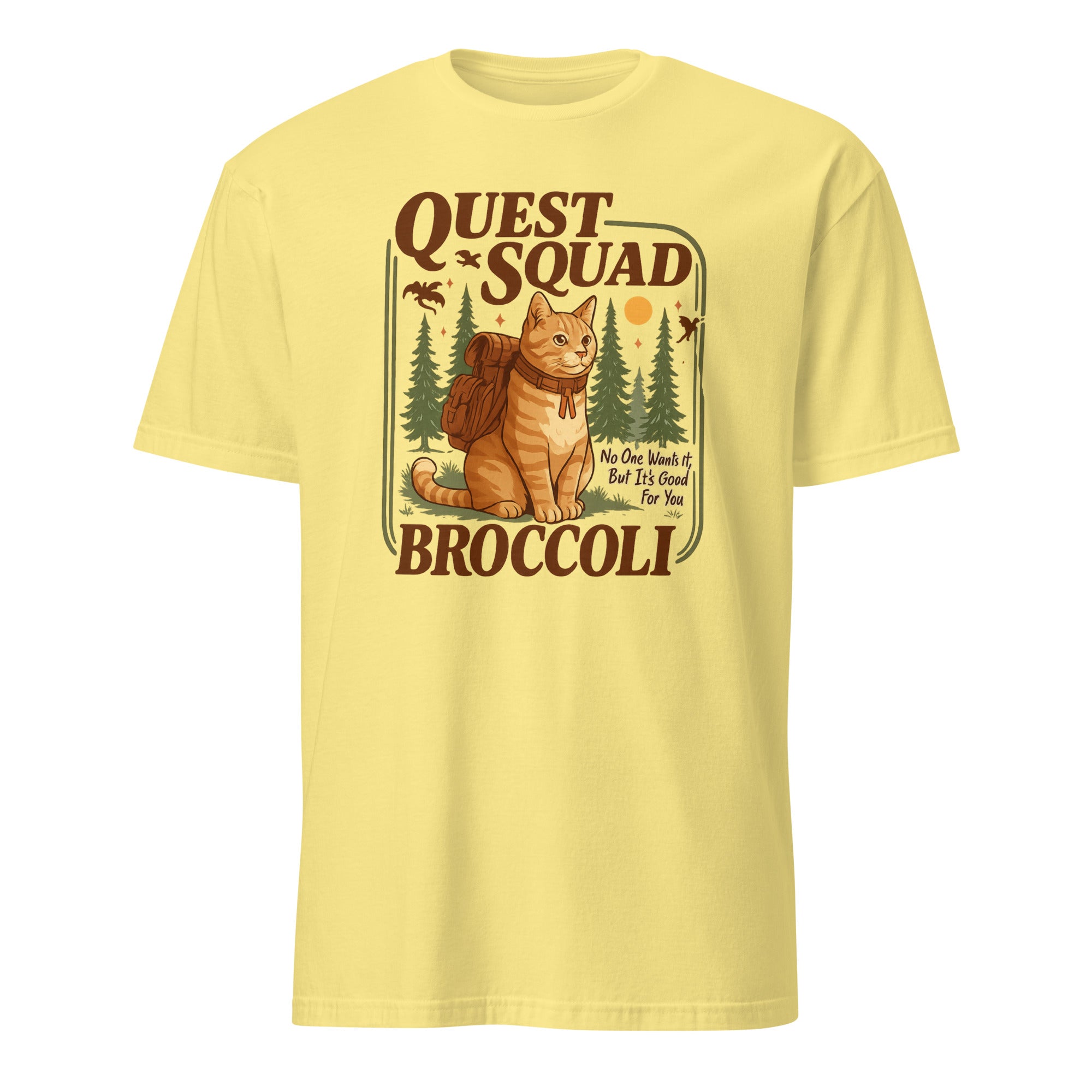 Cuccico Quest Squad Shirt with Broccoli Cat in cornsilk yellow, fantasy Dragon Rider Tee