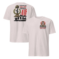 Veterans Day shirt in ice grey front and back, battlefield cross and soldier silhouettes, honoring all who served