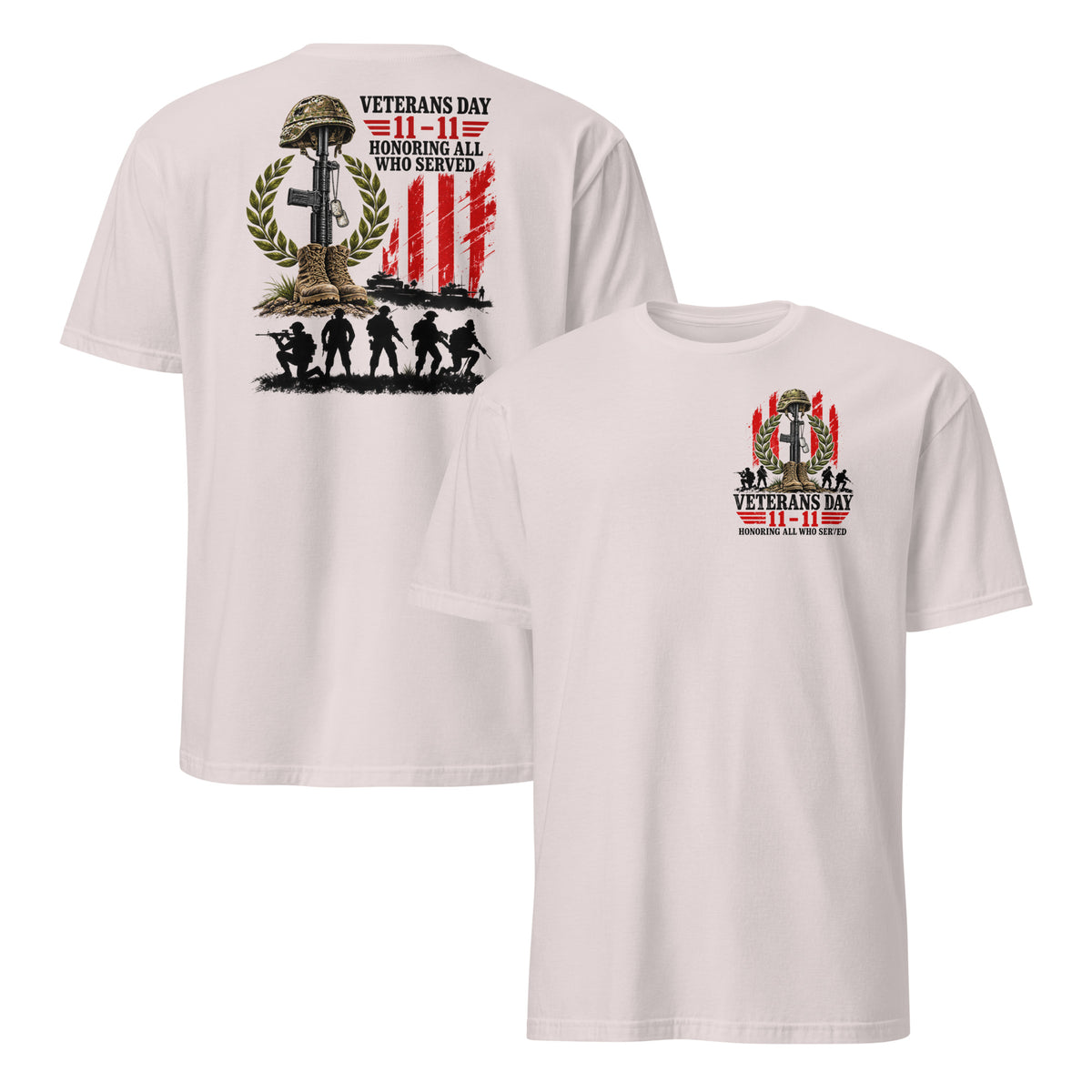 Veterans Day shirt in ice grey front and back, battlefield cross and soldier silhouettes, honoring all who served