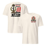 Veterans Day shirt in natural front and back, battlefield cross and soldier silhouettes, honoring all who served
