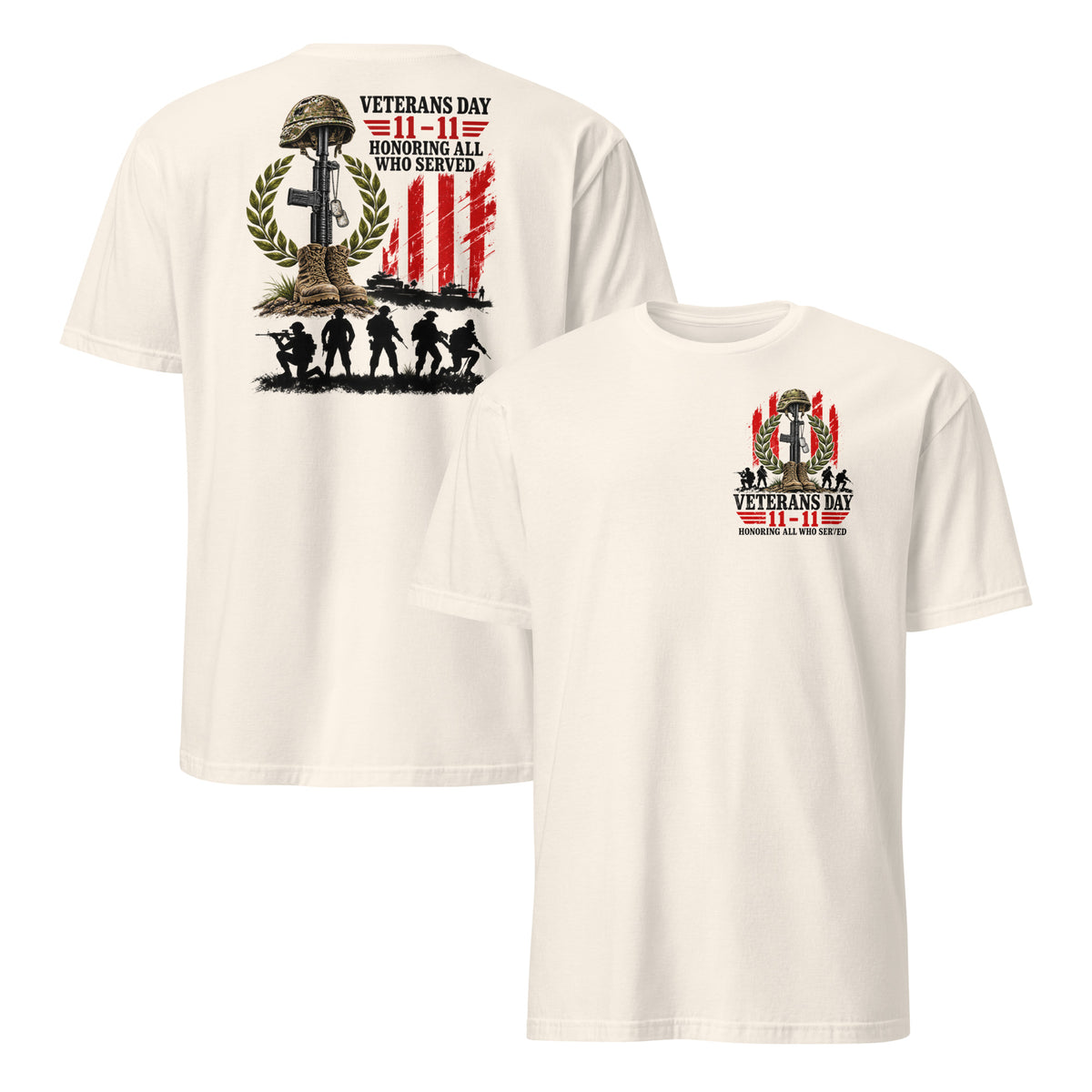Veterans Day shirt in natural front and back, battlefield cross and soldier silhouettes, honoring all who served