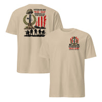 Veterans Day shirt in sand front and back, battlefield cross and soldier silhouettes, honoring all who served