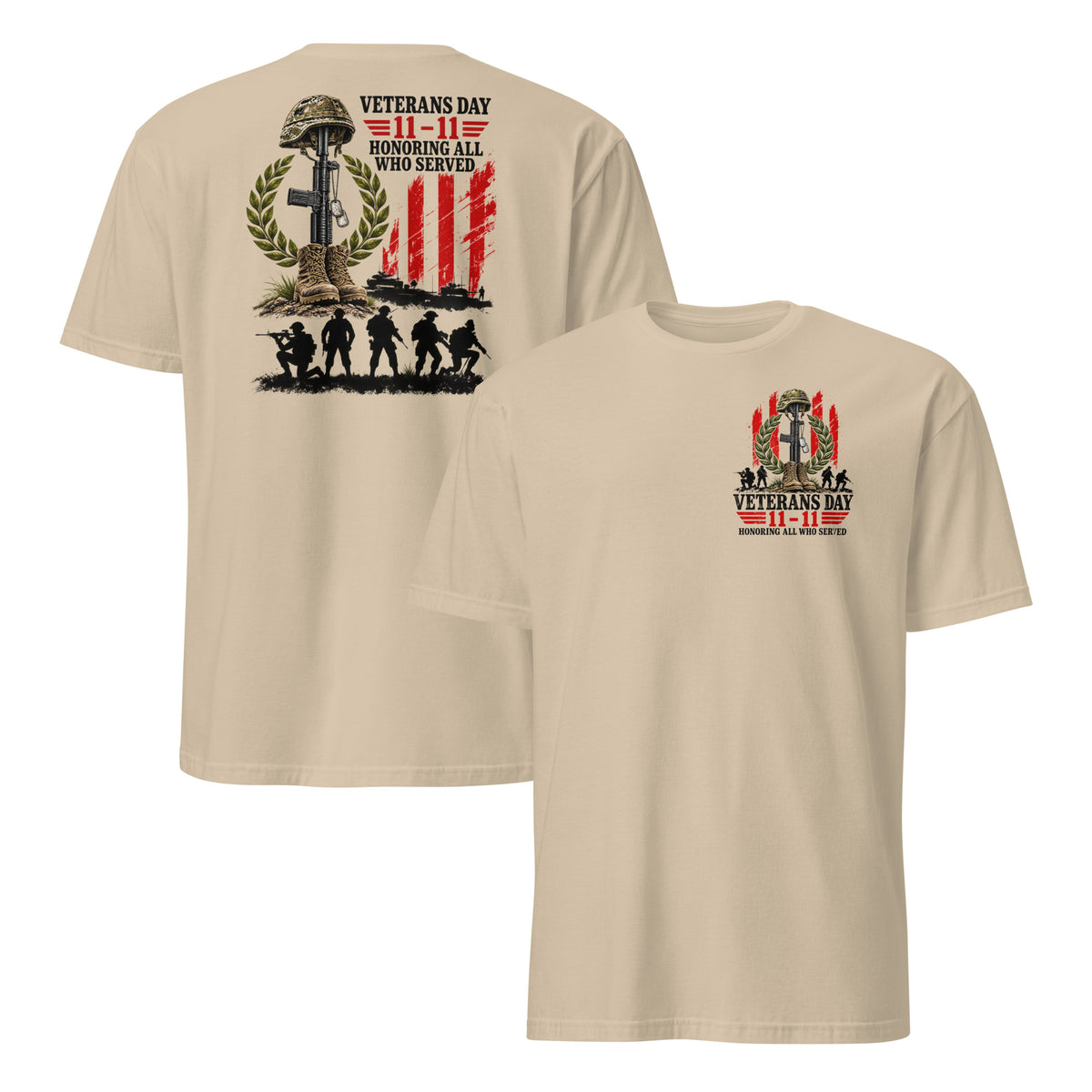 Veterans Day shirt in sand front and back, battlefield cross and soldier silhouettes, honoring all who served