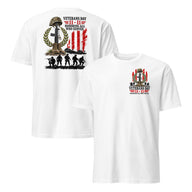 Veterans Day shirt in white front and back, battlefield cross and soldier silhouettes, honoring all who served