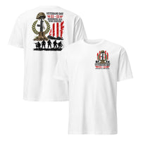 Veterans Day shirt in white front and back, battlefield cross and soldier silhouettes, honoring all who served