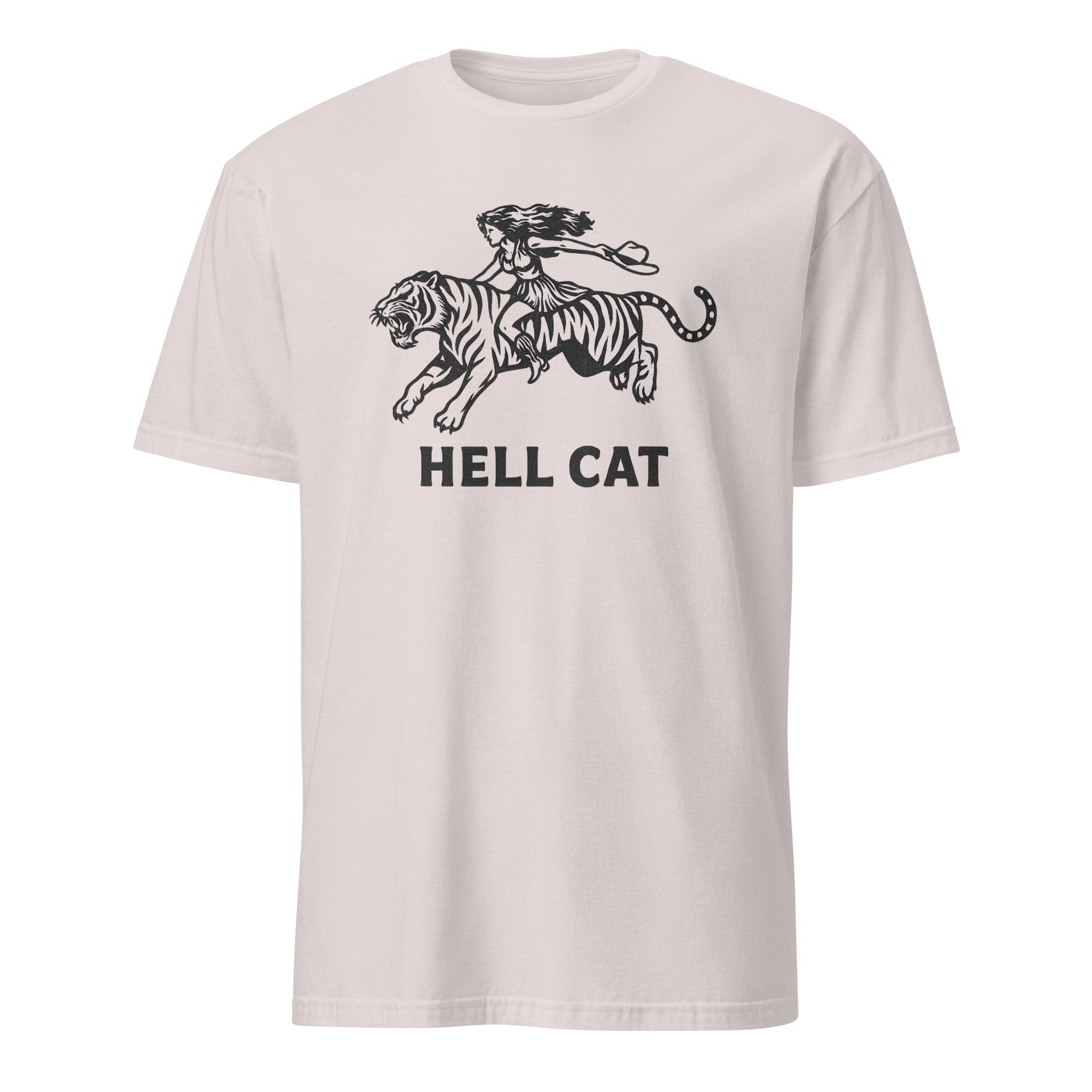 Vintage Cowgirl Hell Cat T-Shirt in ice grey with retro tiger graphic