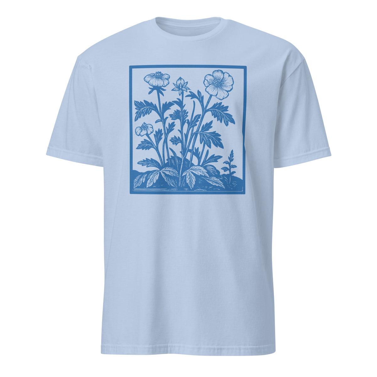 Cuccico Vintage Wildflowers Retro Flowers Shirt in Light Blue with pressed flower illustration