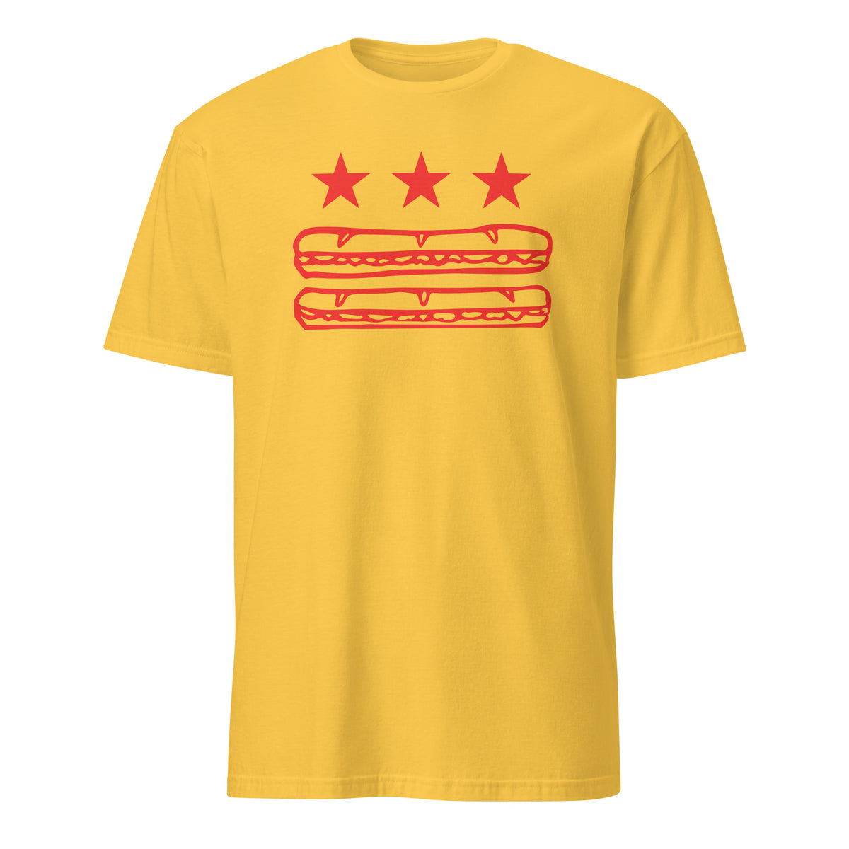 Daisy yellow Washington DC foodie protest tee with Sandwich Guy parody design by Cuccico