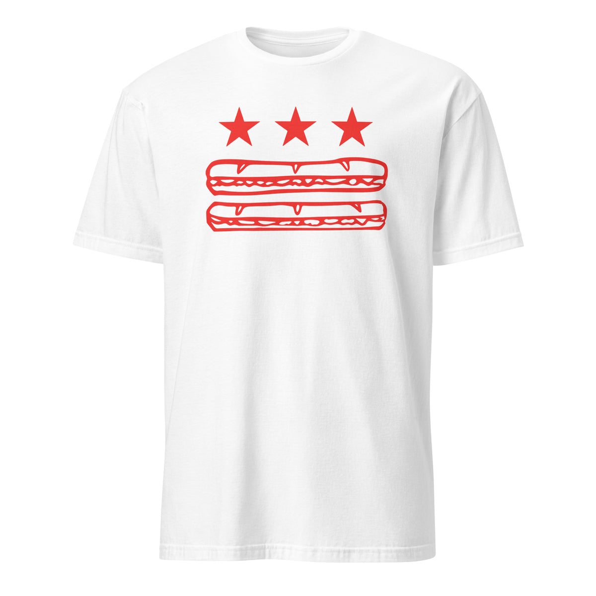 White Washington DC foodie protest tee with Sandwich Guy parody and DC Flag Sub design by Cuccico