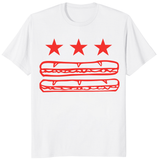 White Washington DC foodie protest tee with Sandwich Guy parody and DC Flag Sub design by Cuccico