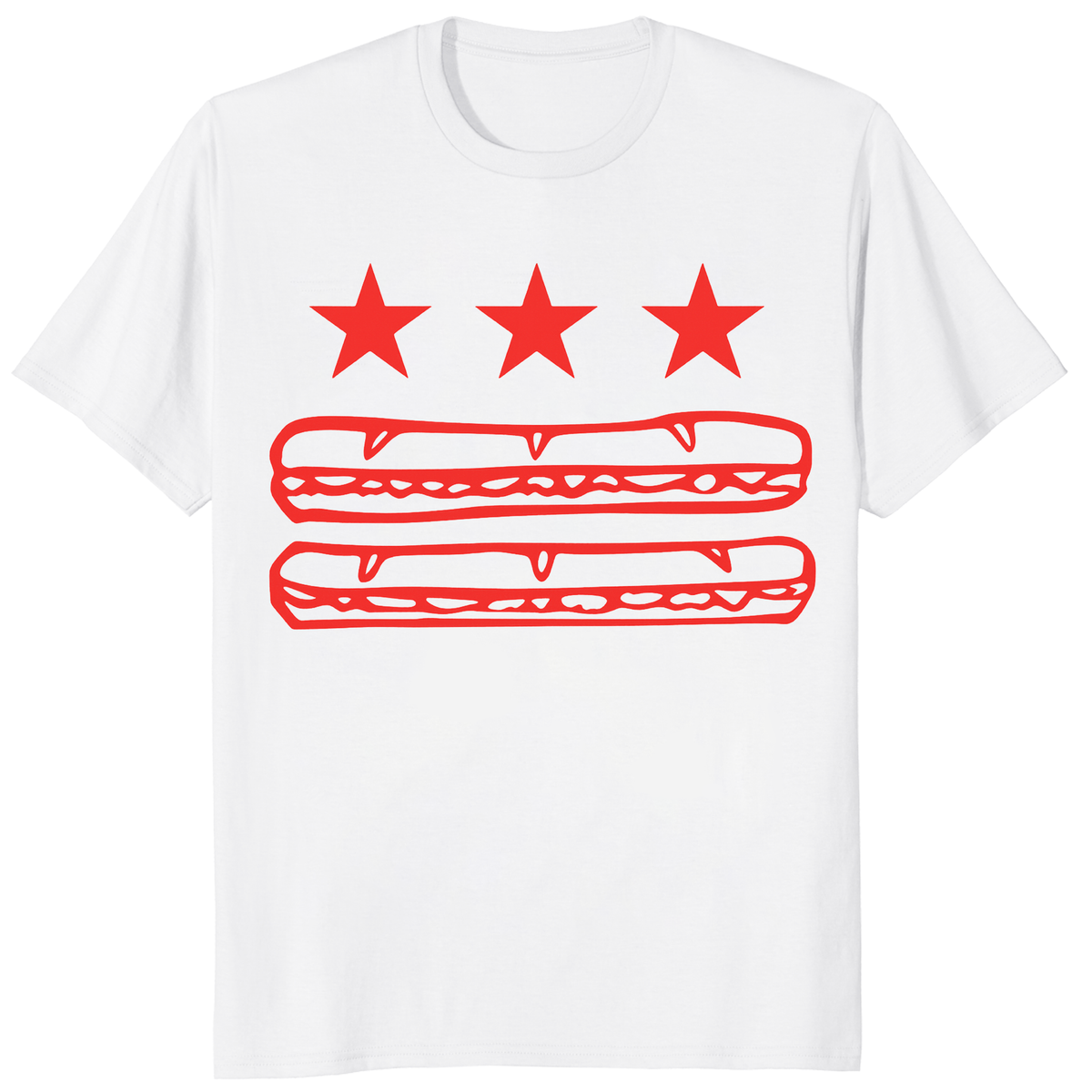 White Washington DC foodie protest tee with Sandwich Guy parody and DC Flag Sub design by Cuccico