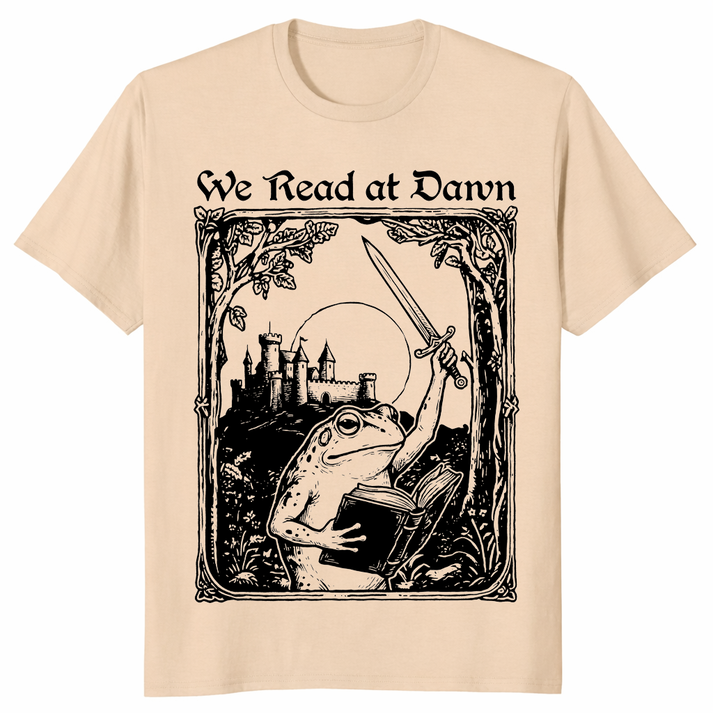 We read at dawn frog shirt in sand