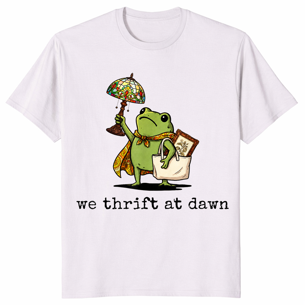 Ice Grey We Thrift At Dawn shirt with a funny frog thrifting collector graphic