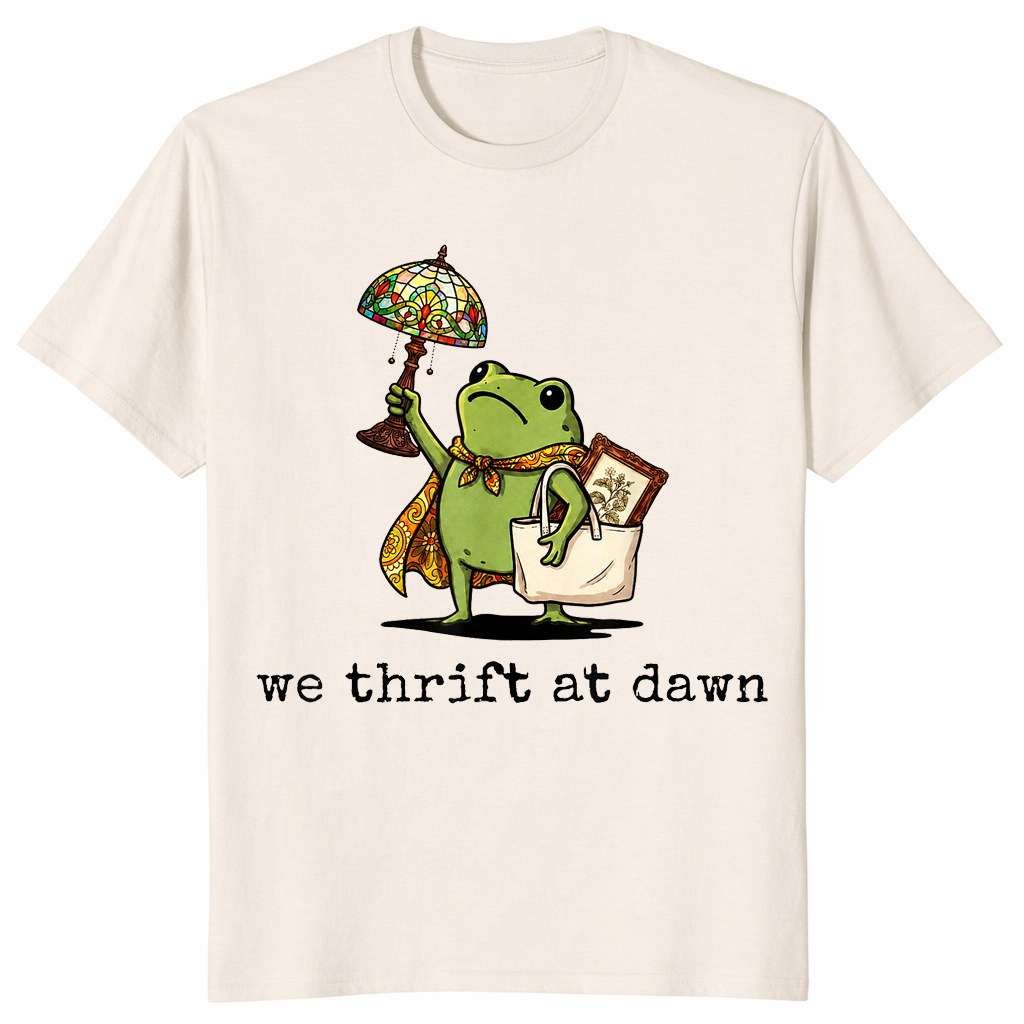 Natural We Thrift At Dawn shirt with a funny frog thrifting collector graphic